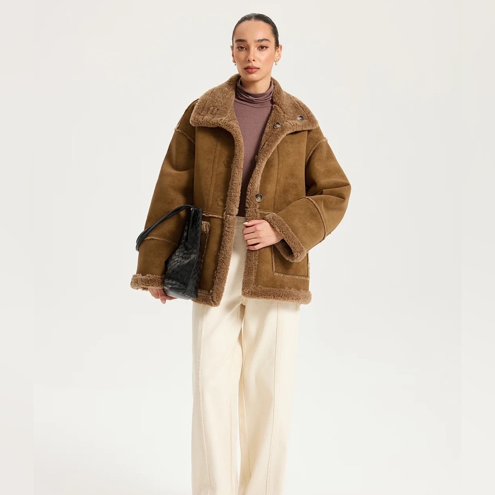 Commense Brown Shearling-Lined Suede Coat